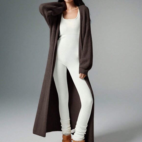 Coffee Brown Casual Women's Plush Extra Long Knit Cardigan - Picture 5 of 7
